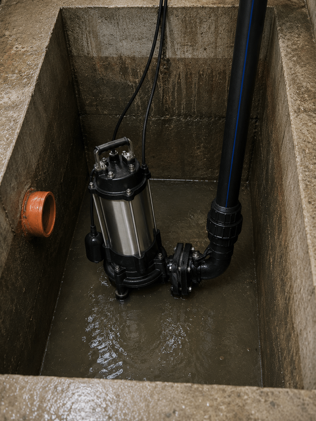 Submersible sewage pump in a commercial pump chamber, serviced by an emergency plumber in Firhouse