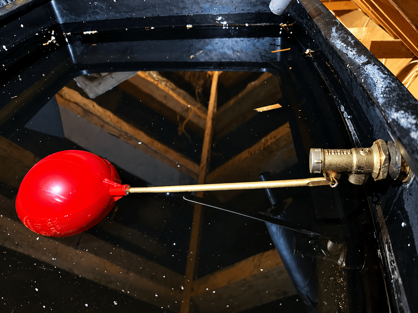 Brass 1/2 inch Part 1 ball cock float valve with plastic float, fitted by an emergency plumber in Sallynoggin